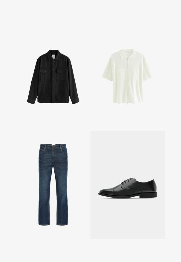 Musta ylipitkä paita, joka on valmistettu pehmeästä kankaasta. Paidan ominaisuuksiin kuuluvat pitkät hihat, kaksi rintataskua, nappisulku ja klassinen kaulussuunnittelu.; Hihaton, valkoinen vetoketjupaita, joka on valmistettu tekstuurista kankaasta. Paidassa on kauluksellinen kaula-aukko ja kaksi etutaskua, joissa on neliönmuotoiset läpät.; Tummansiniset farkut suoran leikkauksen kanssa, viisi taskua, eri värinen ommel, ja vyötärö vyölenkeillä ja metallinappilla.; Musta nahkakengät, joissa on pyöristetty varvas, nauhakiinnitys, hienovaraiset ompeluyksityiskohdat ja matala korko. Sujuva pinta kiillotetulla viimeistelyllä.