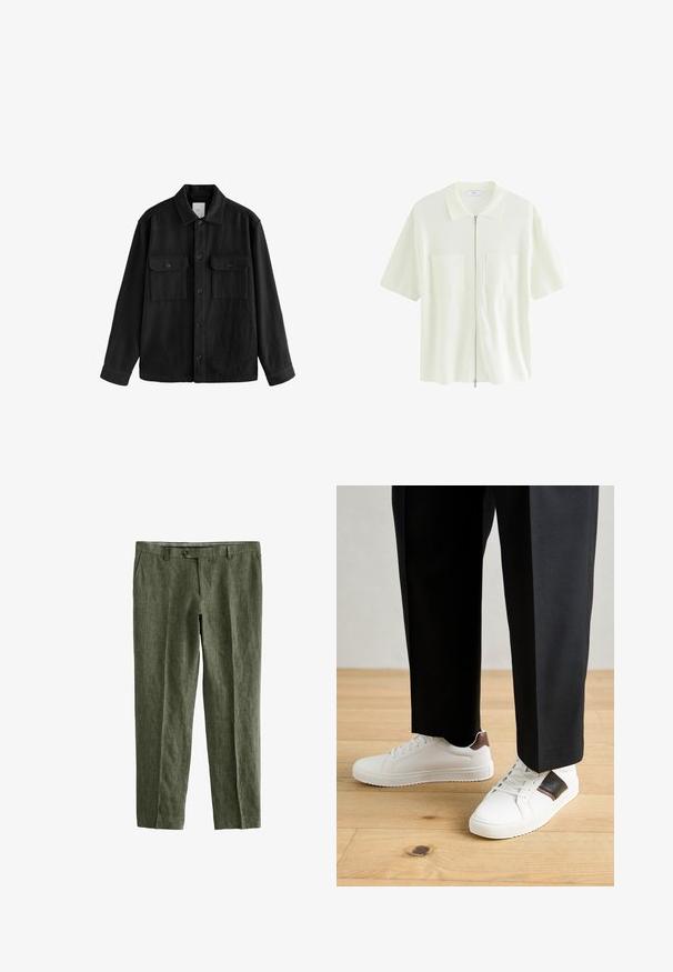 Musta ylipitkä paita, joka on valmistettu pehmeästä kankaasta. Paidan ominaisuuksiin kuuluvat pitkät hihat, kaksi rintataskua, nappisulku ja klassinen kaulussuunnittelu.; Hihaton, valkoinen vetoketjupaita, joka on valmistettu tekstuurista kankaasta. Paidassa on kauluksellinen kaula-aukko ja kaksi etutaskua, joissa on neliönmuotoiset läpät.; Next SIGNATURE - REGULAR FIT - Housut - olive green; Valkoiset tennarit, joissa on sileä pinta, ruskealla nahka-akentilla ja mustilla yksityiskohdilla, yhdistetty mustiin räätälöityihin housuihin. Taustalla puulattia.