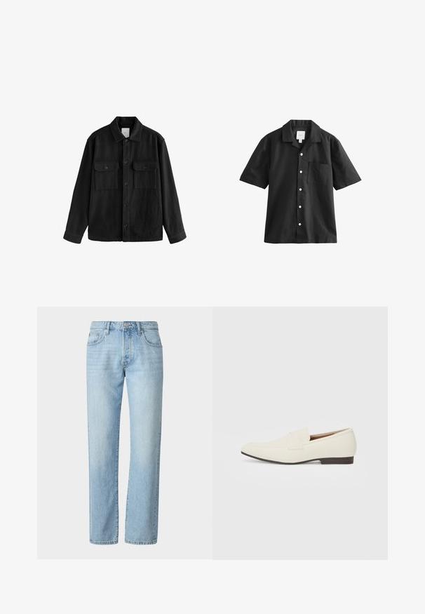 Černá oversized košile vyrobená z měkké látky, s dlouhými rukávy, dvěma náprsními kapsami, předním zapínáním na knoflíky a klasickým límcem.; Černá košile s krátkým rukávem vyrobená z texturované tkaniny, s knoflíkovým zapínáním vpředu a náprsní kapsou na levé straně hrudi.; Světle modré džíny s rovný střih, které mají klasický design s pěti kapsami a jemné oděrky na látce.; Světlé béžové mokasíny s špičatou špičkou, hladkým materiálem, páskem přes nárt a nízkou hnědou podrážkou. Jednoduchý design s minimálními akcenty.