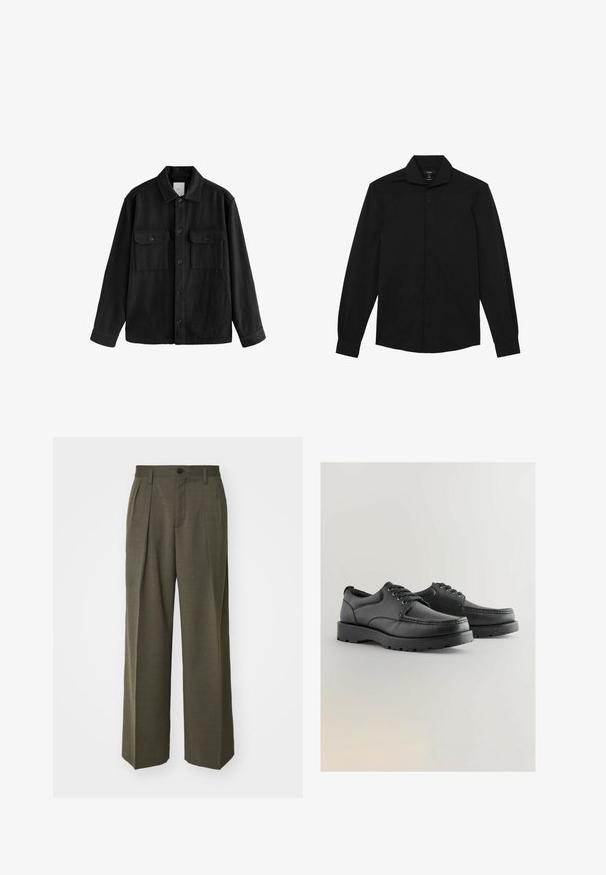 Črna oversize srajca iz mehkega materiala, z dolgimi rokavi, dvema žepoma na prsih, z gumbi na sprednji strani in klasično zasnovo ovratnika.; Črna majica z dolgimi rokavi, izdelana iz gladkega materiala, z ostrim ovratnikom, gumbnim zapiranjem spredaj in manšetami brez vzorcev ali okraskov.; Filippa K WIDE TROUSERS - Hlače - driftwood; Črne usnjene čevlje z teksturirano zgornjo plastjo, okroglo toe, zavezovanjem in debelim gumijastim podplatom, ki ima vzorčno podlago.