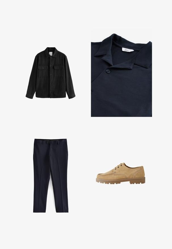 Camisa negra de gran tamaño confeccionada con una tela suave, con mangas largas, dos bolsillos en el pecho, cierre de botones y un diseño de cuello clásico.; Camisa polo azul marino hecha de tela texturizada, con un pliegue abotonado, cuello corto y una pequeña etiqueta de la marca cerca del escote.; Next SLIM FIT ESSENTIAL - Pantalón de traje - navy; Zapato de ante marrón claro con cordones, punta redondeada, costuras en contraste y suela de goma gruesa con un patrón de tacos para mayor tracción.