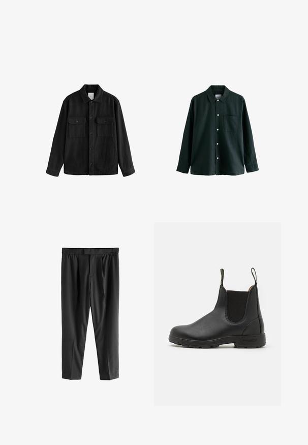 Camisa negra de gran tamaño confeccionada con una tela suave, con mangas largas, dos bolsillos en el pecho, cierre de botones y un diseño de cuello clásico.; Camisa de botón de color verde oscuro con cuello, mangas largas y un bolsillo en el pecho; cuenta con botones blancos y una textura suave.; Next REGULAR FIT -CHECK SMART - Pantalones chinos - black; Botín Chelsea de cuero negro con paneles laterales elásticos, tirador, suela de goma robusta y detalles cosidos. Textura suave en todo.