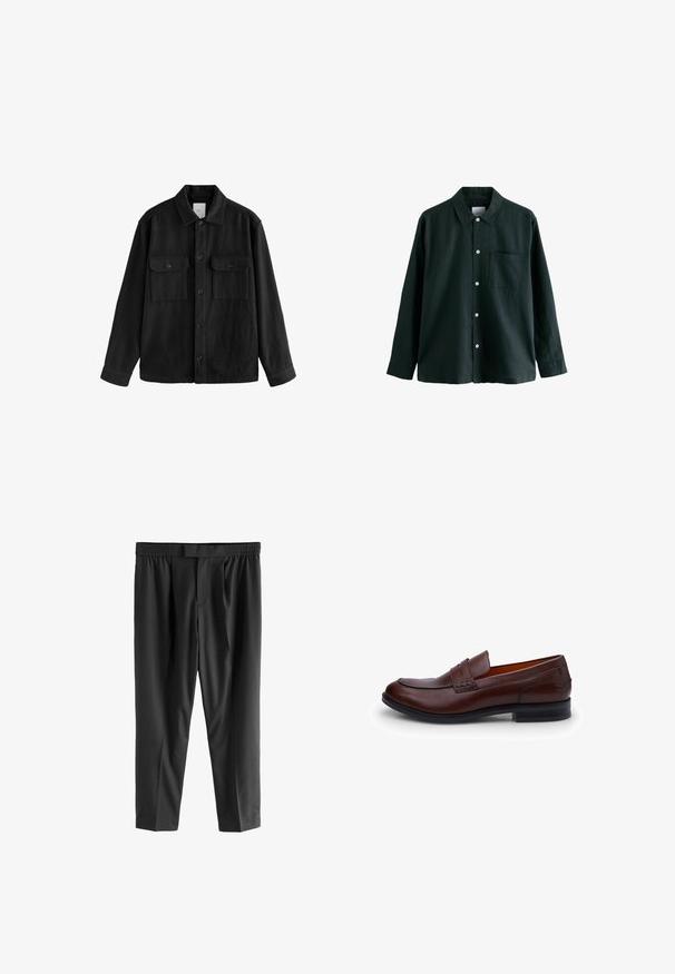 Zwarte oversized shirt gemaakt van zachte stof, met lange mouwen, twee borstzakken, een knoopsluiting aan de voorkant en een klassiek kraagontwerp.; Donkergroene overhemden met kraag, lange mouwen en een enkele borstzak; heeft witte knopen en een zachte textuur.; Next REGULAR FIT -CHECK SMART - Chino - black; Bruine leren instapper met een gladde oppervlakte, een ronde neus, contrasterende stiksels en een lage hak. Beschikt over een decoratieve band over de wreef.