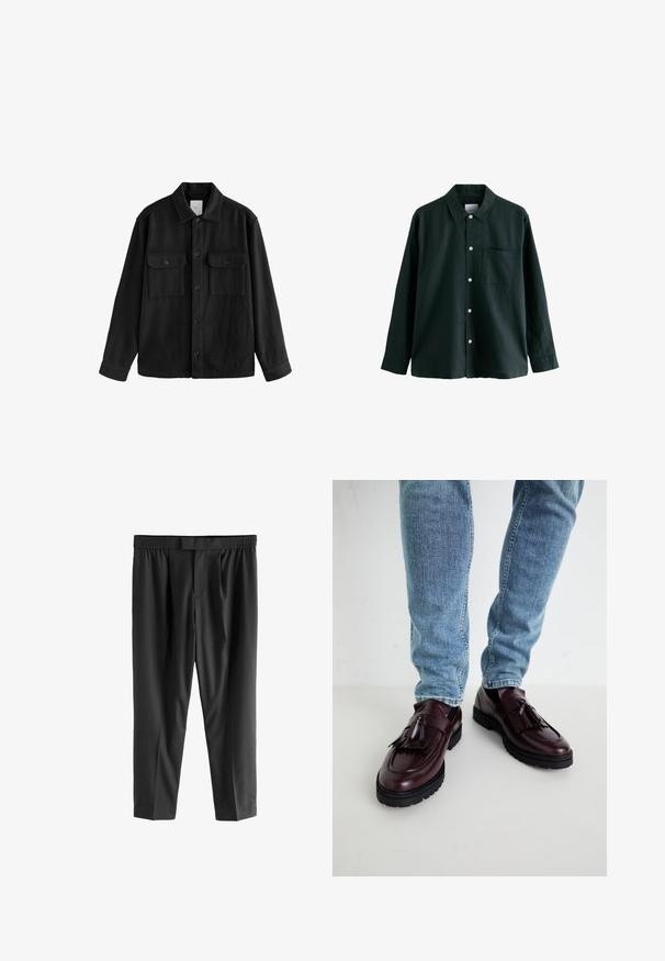 Zwarte oversized shirt gemaakt van zachte stof, met lange mouwen, twee borstzakken, een knoopsluiting aan de voorkant en een klassiek kraagontwerp.; Donkergroene overhemden met kraag, lange mouwen en een enkele borstzak; heeft witte knopen en een zachte textuur.; Next REGULAR FIT -CHECK SMART - Chino - black; Bordeaux leren loafers met kwasten en een gestructureerde bovenkant, gecombineerd met lichtblauwe denim jeans. Zwarte rubberen zool zichtbaar.