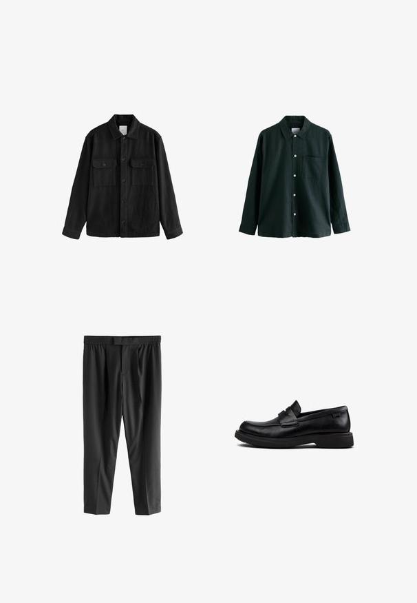 Melna pārspīlēta krekla, kas izgatavots no mīksta auduma, iezīme ir garas piedurknes, divas krūšu kabatas, pogu aizdare un klasiskā apkakle.; Tumši zaļš krekls ar apkakli, garām piedurknēm un vienu krūšu kabatu; ir baltas pogas un maiga tekstūra.; Next REGULAR FIT -CHECK SMART - Chinos tipa bikses - black; Melnas ādas slip-on loafer kurpes ar noapaļotu purngatu, zemu zoli un dekoratīvu joslu pāri augšējai daļai.