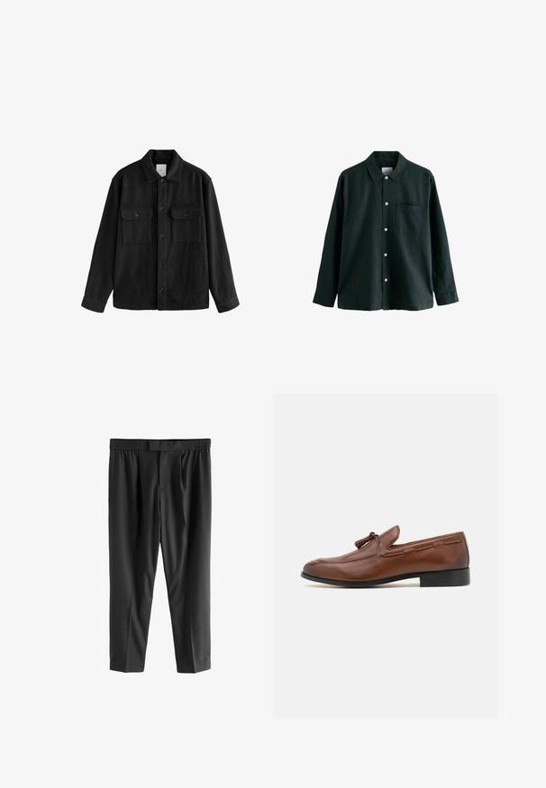 Zwarte oversized shirt gemaakt van zachte stof, met lange mouwen, twee borstzakken, een knoopsluiting aan de voorkant en een klassiek kraagontwerp.; Donkergroene overhemden met kraag, lange mouwen en een enkele borstzak; heeft witte knopen en een zachte textuur.; Next REGULAR FIT -CHECK SMART - Chino - black; Bruine leren loafers met een ronde neus, decoratieve stiksels en een kwastaccent. De zool is zwart en iets verhoogd.