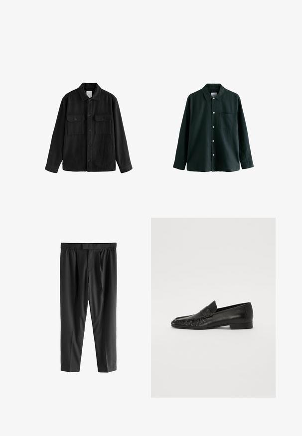 Fekete, túlnyúló ing puha anyagból, hosszú ujjakkal, két mellzsebbel, gombos elülső résszel és klasszikus gallér dizájnnal.; Sötétzöld gombos ing, gallérral, hosszú ujjú, egyetlen mellzsebbel; fehér gombokkal és puha tapintással rendelkezik.; Next REGULAR FIT -CHECK SMART - Vászonnadrágok - black; Filippa K GATHERED DETAIL - Mokaszinok - black