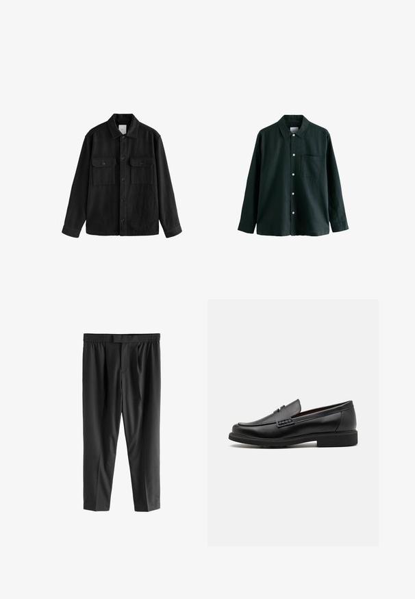 Juodas per didelis marškinis, pagamintas iš minkštos medžiagos, su ilgomis rankovėmis, dviem krūtinės kišeliais, mygtukais priekyje ir klasikiniu apykaklės dizainu.; Tamsiai žalia marškinėliai su apykakle, ilgomis rankovėmis ir viena krūtinės kišene; turi baltus mygtukus ir švelnų tekstūrą.; Next REGULAR FIT -CHECK SMART - Chino stiliaus kelnės - black; Juodi sintetiniai loafers tipo batai su išryškintu siuvinėjimu priekyje, paminkštinta pado dalimi ir plokščiu guma padu; elegantiškas dizainas su minimaliu dekoravimu.