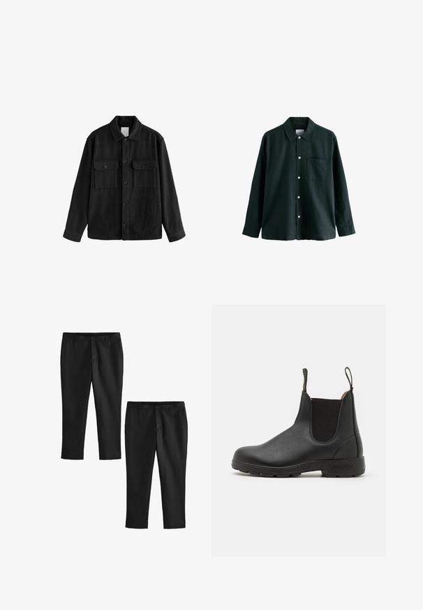 Černá oversized košile vyrobená z měkké látky, s dlouhými rukávy, dvěma náprsními kapsami, předním zapínáním na knoflíky a klasickým límcem.; Temně zelená košile na knoflíky s límečkem, dlouhými rukávy a jednou kapsou na prsou; má bílé knoflíky a měkkou texturu.; Černé střihové kalhoty s hladkým povrchem, s rovnými nohavicemi a středním pasem. Zobrazeny jsou dvě varianty, jedna zkrácená.; Černá kožená Chelsea obuv s elastickými bočními panely, poutkem na patě, robustní gumovou podrážkou a prošívanými detaily. Hladký povrch po celém obvodu.