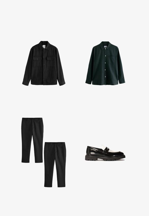 Schwarzes, übergroßes Hemd aus weichem Material, mit langen Ärmeln, zwei Brusttaschen, Knopfverschluss und klassischem Kragen.; Dunkelgrünes Hemd mit Knöpfen, einem Kragen, langen Ärmeln und einer einzelnen Brusttasche; verfügt über weiße Knöpfe und eine weiche Textur.; Schwarze maßgeschneiderte Hosen mit glatter Textur, gerade Beine und mittlere Taille. Zwei Paare dargestellt, eines cropped.; Schwarze Lackleder Slipper mit einem weißen Lederakzent, dicker Gummisohle mit schwarzem Profil und gesteppten Details. Glatte Textur mit glänzendem Finish.