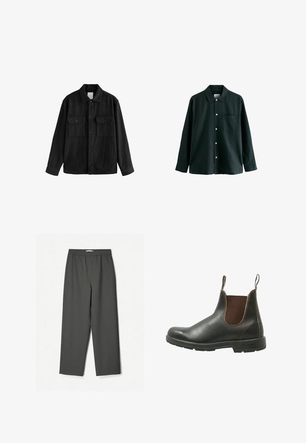 Cămașă neagră supradimensionată dintr-un material moale, având mâneci lungi, două buzunare pe piept, închidere cu butoane și un guler clasic.; Cămașă butonată de culoare verde închis, cu guler, mâneci lungi și un singur buzunar pe piept; dispune de butoane albe și o textură moale.; Pantaloni largi, cu talie înaltă, de culoare gri închis, dintr-un material ușor. Cureaua elastică, fără modele vizibile, cu buzunare laterale.; Cizme Chelsea din piele neagră netedă, cu panouri elastice laterale maro, cusături contrastante și o talpă din cauciuc texturată.