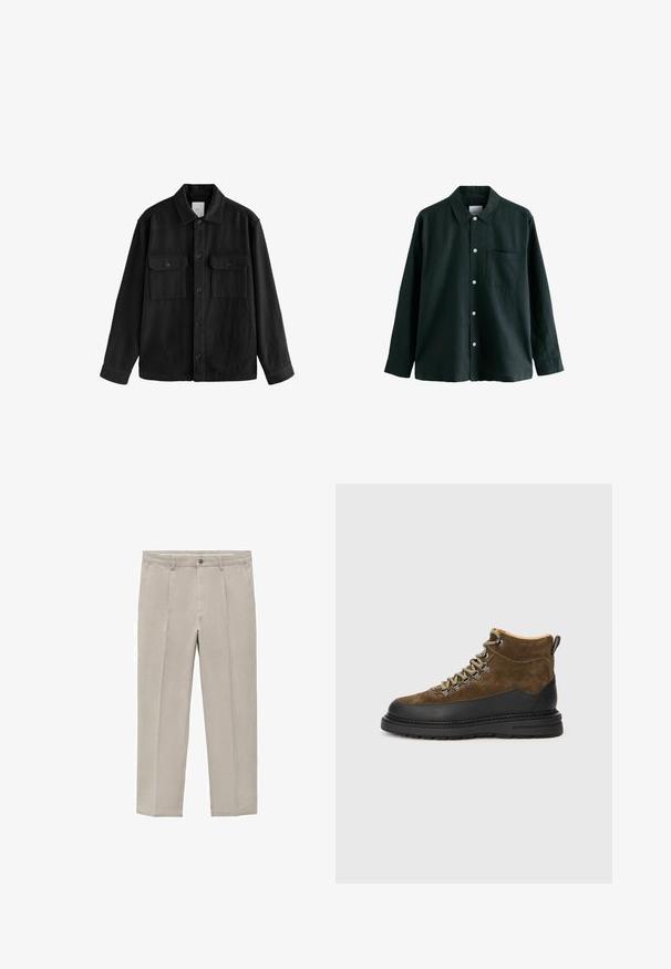 Camicia nera oversize in tessuto morbido, con maniche lunghe, due tasche sul petto, chiusura a bottoni e un classico design del colletto.; Camicia button-up verde scuro con colletto, maniche lunghe e una tasca sul petto; presenta bottoni bianchi e una consistenza morbida.; Pantaloni beige chiaro realizzati in un misto cotone, con un design a gamba dritta, pince frontali, chiusura con bottone e tasche laterali.; Stivali da trekking in suede marrone con suola in gomma nera, punta rotonda e lacci verdi. Presentano un collo imbottito e un laccio per una facile calzata.