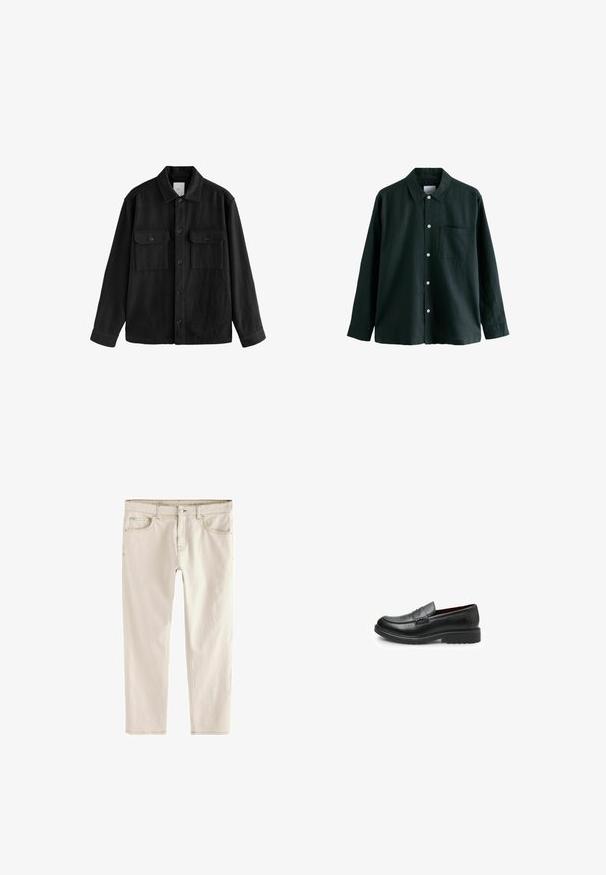 Melna pārspīlēta krekla, kas izgatavots no mīksta auduma, iezīme ir garas piedurknes, divas krūšu kabatas, pogu aizdare un klasiskā apkakle.; Tumši zaļš krekls ar apkakli, garām piedurknēm un vienu krūšu kabatu; ir baltas pogas un maiga tekstūra.; Gaiši beidži slim-fit džinsi ar taisnu kāju, piecām kabatām, ar pogu un rāvējslēdzēju, kā arī pastiprinātu šuvju. ; Bata Čības - nero