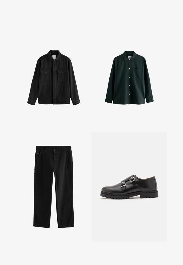 Fekete, túlnyúló ing puha anyagból, hosszú ujjakkal, két mellzsebbel, gombos elülső résszel és klasszikus gallér dizájnnal.; Sötétzöld gombos ing, gallérral, hosszú ujjú, egyetlen mellzsebbel; fehér gombokkal és puha tapintással rendelkezik.; Fekete pamut nadrág egyenes szárú dizájnnal, első gombos záródással, ferde oldalsó zsebekkel és diszkrét varrási részletekkel.; Fekete bőr cipő fényes felülettel, két állítható fém csattal, kerek orral és strapabíró gumitalppal a tapadás érdekében.