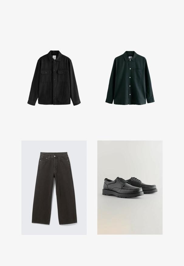 Chemise oversize noire en tissu doux, dotée de manches longues, de deux poches poitrine, d'une fermeture à boutons et d'un col classique.; Chemise boutonée vert foncé avec un col, des manches longues et une poche poitrine unique ; elle dispose de boutons blancs et d'une texture douce.; Des jeans en denim noir à jambe large présentent une taille haute, un design à cinq poches et une fermeture à bouton. Le tissu a une finition douce et texturée.; Chaussures en cuir noir avec une tige texturée, bout rond, design à lacets et semelles en caoutchouc épaisses dotées d'un motif de semelle.