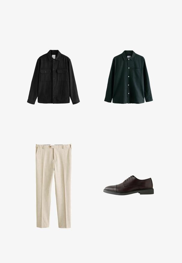Camisa negra de gran tamaño confeccionada con una tela suave, con mangas largas, dos bolsillos en el pecho, cierre de botones y un diseño de cuello clásico.; Camisa de botón de color verde oscuro con cuello, mangas largas y un bolsillo en el pecho; cuenta con botones blancos y una textura suave.; Pantalones de vestir beige fabricados con una tela texturizada, que presentan una cinturilla estándar, plisados frontales y un cierre con un solo botón.; Zapato de cuero burdeos oscuro con cordones, punta redonda, suela negra plana, detalles de costura mínimos y textura suave.