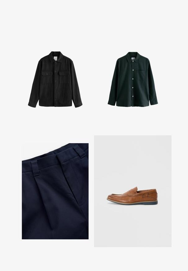 Juodas per didelis marškinis, pagamintas iš minkštos medžiagos, su ilgomis rankovėmis, dviem krūtinės kišeliais, mygtukais priekyje ir klasikiniu apykaklės dizainu.; Tamsiai žalia marškinėliai su apykakle, ilgomis rankovėmis ir viena krūtinės kišene; turi baltus mygtukus ir švelnų tekstūrą.; Jūrų laivyno klostuoti kelnių su lygiu, tekstūruotu audiniu. Fasonas su plokščiu juosmeniu ir diržo kilputėmis, sukurtas komfortui ir tinkamumui.; Rudoni odiniai loaf'eriai su apvalia nosimi, siuvinėtomis detalėmis ir žema guminėmis pakulne. Dizainas turi juostą per viršutinę dalį.