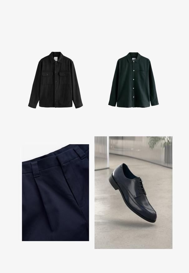 Czarna, oversize koszula wykonana z miękkiego materiału, z długimi rękawami, dwiema kieszeniami na piersi, z przodem zapinanym na guziki oraz klasycznym kołnierzem.; Ciemnozielona koszula z długim rękawem i kołnierzykiem, posiadająca jedną kieszeń na piersi; wyróżnia się białymi guzikami i miękką fakturą.; Granatowe spodnie w kant z gładkiego, teksturowanego materiału. Posiadają płaski pas i szlufki na pasek, zaprojektowane z myślą o wygodzie i dopasowaniu.; Lśniący czarny skórzany but na obcasie z sznurówkami, unoszący się nad gładką, jasnoszarym podłogą oraz pionowymi metalowymi prętami w tle.