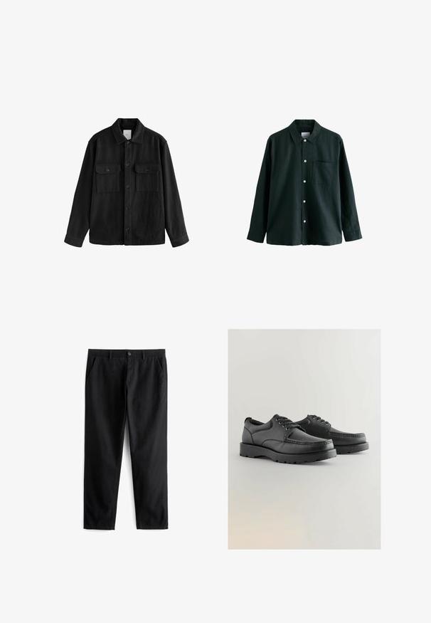 Črna oversize srajca iz mehkega materiala, z dolgimi rokavi, dvema žepoma na prsih, z gumbi na sprednji strani in klasično zasnovo ovratnika.; Temnozeleno srajco z gumbom in ovratnikom, dolgimi rokavi in enim žepom na prsih; ima bele gumbe in mehko teksturo.; Črne hlače iz trpežnega blaga, ki imajo dva sprednja žepa, gumbasto zapiranje, raven sprednji dizajn in ravne hlačnice.; Črne usnjene čevlje z teksturirano zgornjo plastjo, okroglo toe, zavezovanjem in debelim gumijastim podplatom, ki ima vzorčno podlago.