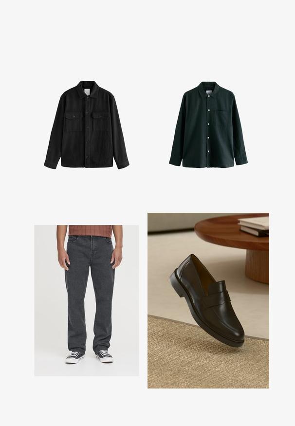 Camicia nera oversize in tessuto morbido, con maniche lunghe, due tasche sul petto, chiusura a bottoni e un classico design del colletto.; Camicia button-up verde scuro con colletto, maniche lunghe e una tasca sul petto; presenta bottoni bianchi e una consistenza morbida.; Jeans in denim nero con una vestibilità a gamba dritta, dotati di tasche frontali, zip e una trama leggermente texturizzata. Indossati con sneakers nere e bianche.; Mocassino in pelle nera con finitura liscia, punta rotonda e una fascia decorativa sulla parte superiore. Tacco in gomma basso, posizionato su una superficie texture.