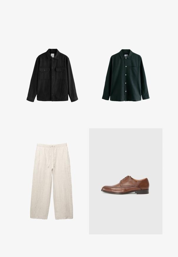 Sort oversized skjorte lavet af blødt stof, med lange ærmer, to brystlommer, knaplukning foran og en klassisk kravedesign.; Mørkegrøn skjorte med knaplukning, krave, lange ærmer og en enkelt brystlomme; har hvide knapper og en blød tekstur.; Linnedragt i lys beige med elastisk talje og snøre, vid bendesign og sidelommer. Glat tekstur.; Brune lædersko til mænd med en glat finish, rund tå, fem snorehuller og en lav, flad hæl. Subtile syninger langs siderne.