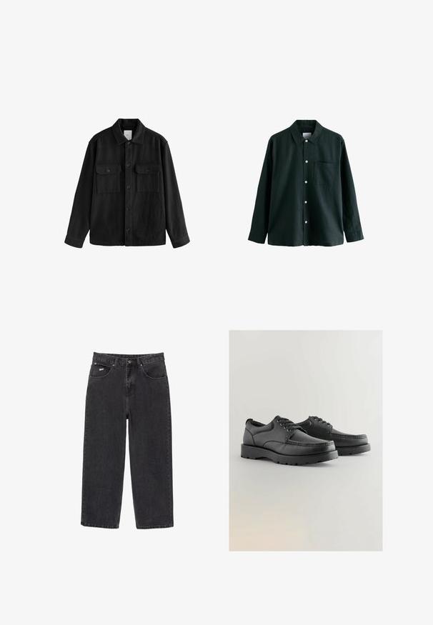 Crna oversized košulja od mekog materijala, s dugim rukavima, dva džepa na prsima, gumbom sprijeda i klasičnim dizajnom ovratnika.; Tamnozelena košulja s dugim rukavima, ovratnikom i jednim džepom na grudima; sadrži bijele gumbe i meku teksturu.; Crne traperice ravnog kroja s pet džepova i kopčanjem na gumb, s malim bijelim logotipom na prednjem desnom džepu.; Crne kožne cipele s teksturiranim gornjim dijelom, okruglim nosom, dizajnom s vezanjem i debelim gumenim potplatima s uzorkom za hodanje.