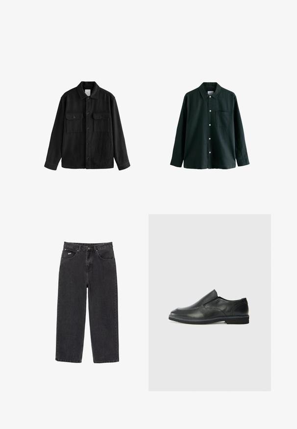 Musta ylipitkä paita, joka on valmistettu pehmeästä kankaasta. Paidan ominaisuuksiin kuuluvat pitkät hihat, kaksi rintataskua, nappisulku ja klassinen kaulussuunnittelu.; Tummanvihreä napitettava paita, jossa on kaulus, pitkät hihat ja yksi rintatasku; siinä on valkoiset napit ja pehmeä tekstuuri.; Mustat suorat farkut, joissa on viisi taskua ja nappikiinnitys, etu-oikeassa taskussa pieni valkoinen logo.; Musta nahkainen liukujalkine, jossa on sileä pinta, ommeltuja yksityiskohtia, pyöristetty kärki ja matala kumipohja. Pohjassa on minimaalinen pito.