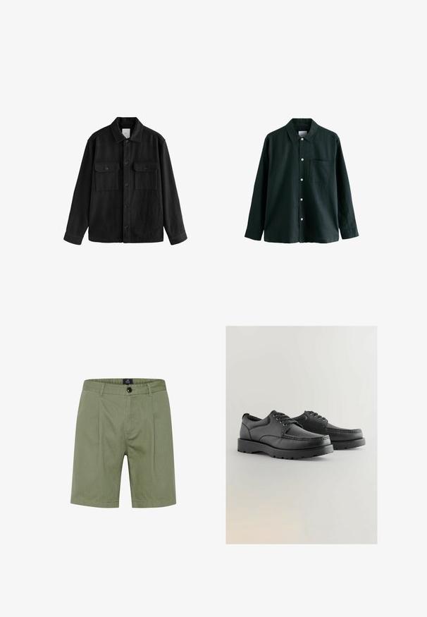 Fekete, túlnyúló ing puha anyagból, hosszú ujjakkal, két mellzsebbel, gombos elülső résszel és klasszikus gallér dizájnnal.; Sötétzöld gombos ing, gallérral, hosszú ujjú, egyetlen mellzsebbel; fehér gombokkal és puha tapintással rendelkezik.; Olíva zöld, szabott kialakítású rövidnadrág, gombos záródással, elülső zsebekkel és finom függőleges csíkokkal, puha, texturált anyagból.; Fekete bőr cipők textúrált felsőrésszel, kerek orral, fűzős kialakítással és vastag gumitalppal, amely barázdált mintázattal rendelkezik.