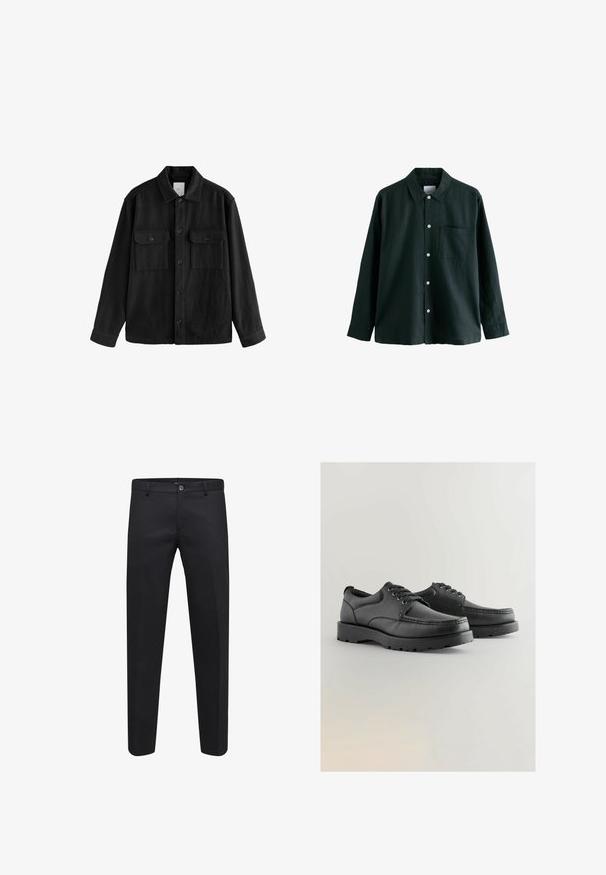 Czarna, oversize koszula wykonana z miękkiego materiału, z długimi rękawami, dwiema kieszeniami na piersi, z przodem zapinanym na guziki oraz klasycznym kołnierzem.; Ciemnozielona koszula z długim rękawem i kołnierzykiem, posiadająca jedną kieszeń na piersi; wyróżnia się białymi guzikami i miękką fakturą.; Czarne dopasowane spodnie uszyte z gładkiego materiału, z zapięciem na guzik, pętlami na pasek i bocznymi kieszeniami, z prostymi nogawkami.; Czarne skórzane buty z teksturowaną cholewką, okrągłym noskiem, sznurowanym zapięciem oraz grubą gumową podeszwą z bieżnikiem.