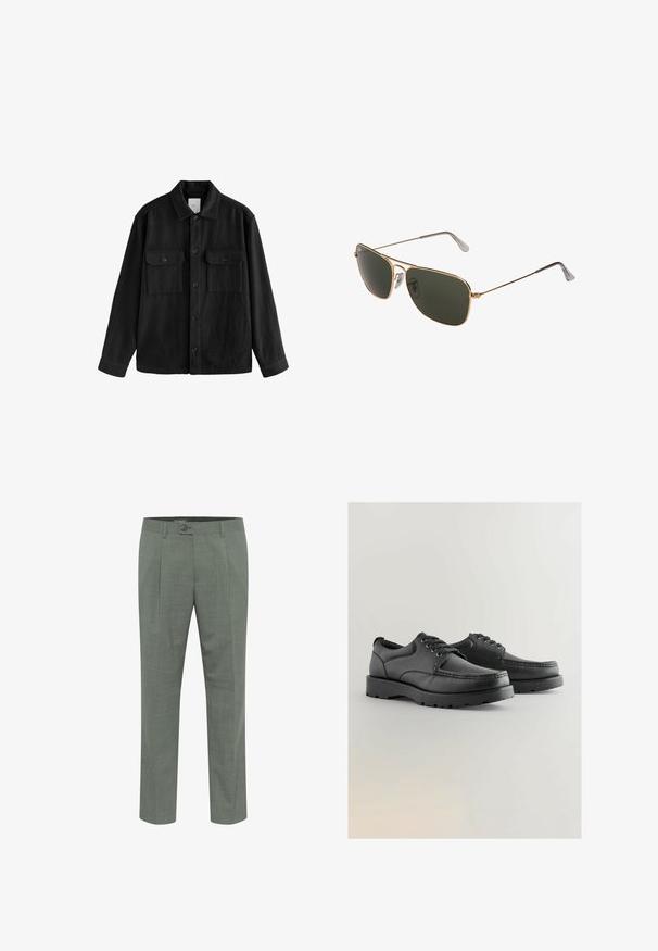 Melna pārspīlēta krekla, kas izgatavots no mīksta auduma, iezīme ir garas piedurknes, divas krūšu kabatas, pogu aizdare un klasiskā apkakle.; Tumši zaļš krekls ar apkakli, garām piedurknēm un vienu krūšu kabatu; ir baltas pogas un maiga tekstūra.; Pielāgoti zaļi bikses ar strukturētu apdari, ar vienu pogu aizdari un krokotu priekšpusi. Taisnas kājas griezums.; Melnas ādas kurpes ar teksturētu virsotni, apaļu purngali, auklu aizdari, un biezām gumijas zolēm ar profilētu rakstu.; Zelta metāla aviatoru saulesbrilles ar lieliem tumši zaļiem stikliem, kas aprīkotas ar plānu rāmī un caurspīdīgām deguna paliknēm komfortam.