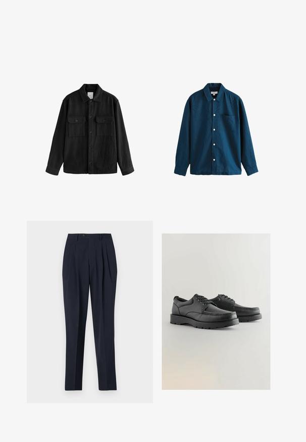 Fekete, túlnyúló ing puha anyagból, hosszú ujjakkal, két mellzsebbel, gombos elülső résszel és klasszikus gallér dizájnnal.; Kék, hosszú ujjú gombos ing, klasszikus gallérral, egyetlen mellzsebbel és fehér gombokkal. Puha textúrájú, enyhe fényű.; Sötétkék nadrág magas derékkal, pliszírozott elejével és egy gombos záródással. Az anyaga simának tűnik, testreszabott szabással és egyenes szárú dizájnnal.; Fekete bőr cipők textúrált felsőrésszel, kerek orral, fűzős kialakítással és vastag gumitalppal, amely barázdált mintázattal rendelkezik.