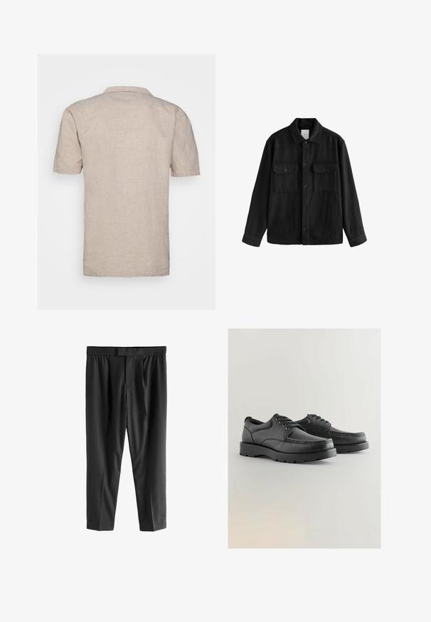 Zwarte oversized shirt gemaakt van zachte stof, met lange mouwen, twee borstzakken, een knoopsluiting aan de voorkant en een klassiek kraagontwerp.; Korte mouwen beige linnen shirt met een kraag, voorzien van een gestructureerde stof en een rechte zoom, zonder zichtbare patronen of accenten.; Next REGULAR FIT -CHECK SMART - Chino - black; Zwarte leren schoenen met een gestructureerde bovenkant, ronde neus, vetersluiting en dikke rubberen zolen met een patroon.