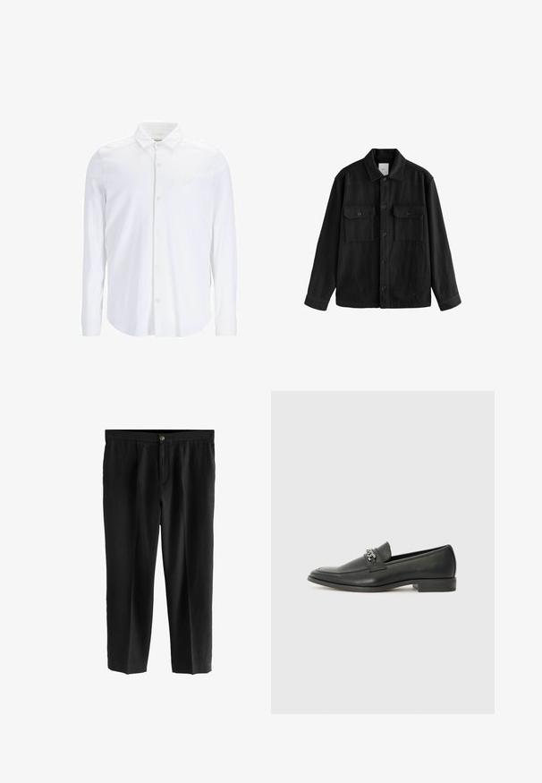 Czarna, oversize koszula wykonana z miękkiego materiału, z długimi rękawami, dwiema kieszeniami na piersi, z przodem zapinanym na guziki oraz klasycznym kołnierzem.; Biała koszula z długim rękawem, zapinana na guziki, wykonana z gładkiego materiału, z klasycznym kołnierzykiem, z przodem z klapą oraz subtelnym akcentem logo na piersi.; Czarne spodnie z lekkiego materiału, z prostymi nogawkami, plisowanym przodem i pojedynczym zapięciem na guzik w talii.; Czarne skórzane mokasyny o gładkim wykończeniu, z haftowanym wzorem i dekoracyjnym akcentem z metalowego łańcucha na wierzchu. Płaska pięta.
