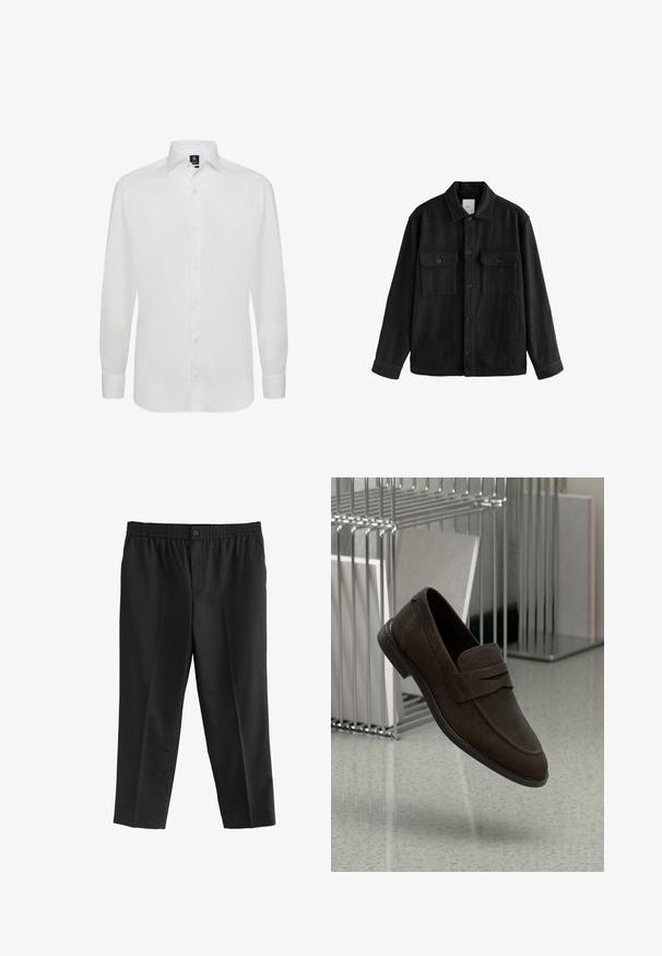 Juodas per didelis marškinis, pagamintas iš minkštos medžiagos, su ilgomis rankovėmis, dviem krūtinės kišeliais, mygtukais priekyje ir klasikiniu apykaklės dizainu.; Baltas ilgomis rankovėmis marškinis, pagamintas iš lygios medžiagos, su klasikiniu apykaklė ir priekyje užsegamas mygtukais, be raštų ir paprasto dizaino.; Juodi kelnės pagamintos iš audinio, turinčių elastinį juosmenį ir vieną mygtuką. tiesaus kirpimo dizainas, be matomų kišenių.; Tamsiai rudi zefyro loaferiai su lygiu paviršiumi, su centrinės juostos detale ir apvaliu pirštu, pakelti virš blizgaus paviršiaus.