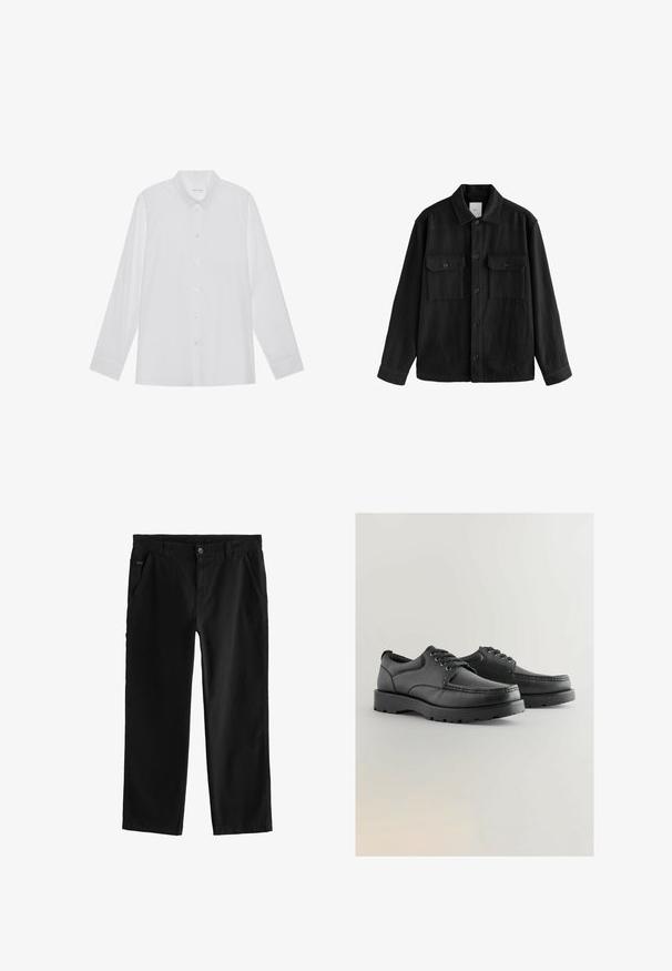 Črna oversize srajca iz mehkega materiala, z dolgimi rokavi, dvema žepoma na prsih, z gumbi na sprednji strani in klasično zasnovo ovratnika.; Bela srajca z dolgimi rokavi, izdelana iz gladkega materiala, z ostrim ovratnikom, sprednjim zapenjanjem na gumb in enojnim gumbom na manšetah.; Črne bombažne hlače s ravnim krojem, ki vključujejo sprednjo gumbno zapiranje, nagnjene stranske žepke in subtilne šive.; Črne usnjene čevlje z teksturirano zgornjo plastjo, okroglo toe, zavezovanjem in debelim gumijastim podplatom, ki ima vzorčno podlago.