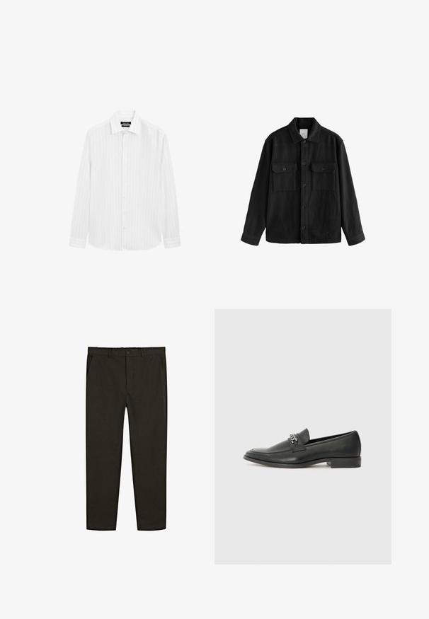 Camicia nera oversize in tessuto morbido, con maniche lunghe, due tasche sul petto, chiusura a bottoni e un classico design del colletto.; Camicia bianca a maniche lunghe con bottoni, caratterizzata da un sottile motivo a righe, colletto classico e orlo arrotondato. Realizzata in tessuto leggero.; Pantaloni in tessuto intrecciato marrone scuro con design a gamba dritta, tasche anteriori e chiusura con bottone in vita. Texture liscia.; Mocassino in pelle nera con finitura liscia, caratterizzato da un design cucito e da un accento decorativo in catena metallica sul vamp. Tacco piatto.
