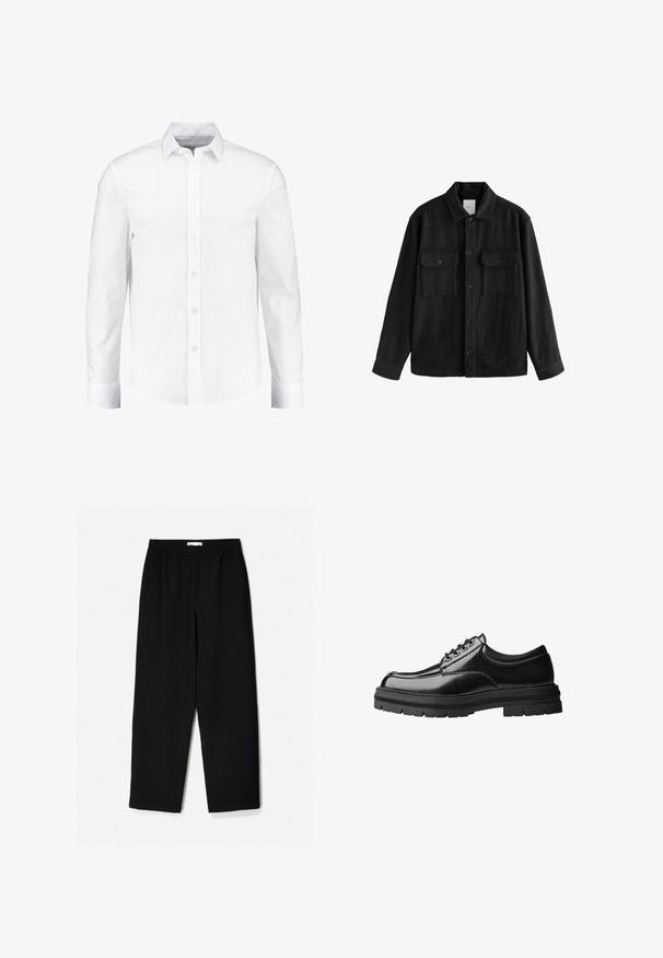 Camicia nera oversize in tessuto morbido, con maniche lunghe, due tasche sul petto, chiusura a bottoni e un classico design del colletto.; Camicia bianca a maniche lunghe con bottoni realizzata in cotone morbido. Presenta un collo classico e una chiusura frontale con bottoni, con orlo dritto.; Pantaloni neri a gamba larga realizzati in un tessuto leggero. Presentano una vita elasticizzata e una texture liscia. Senza motivi visibili o accessori.; Scarpa in pelle nera con finitura liscia, punta rotonda, design con lacci a sei occhielli e suola in gomma spessa e strutturata.