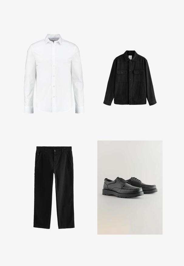 Czarna, oversize koszula wykonana z miękkiego materiału, z długimi rękawami, dwiema kieszeniami na piersi, z przodem zapinanym na guziki oraz klasycznym kołnierzem.; Biała, długozasięgowa koszula zapinana na guziki, wykonana z gładkiej bawełny. Ma klasyczny kołnierzyk i zapięcie na guziki z prostym dołem.; Czarne bawełniane spodnie o prostym kroju, z zapięciem na guzik z przodu, skośnymi kieszeniami po bokach oraz subtelnymi detalami w przeszyciach.; Czarne skórzane buty z teksturowaną cholewką, okrągłym noskiem, sznurowanym zapięciem oraz grubą gumową podeszwą z bieżnikiem.