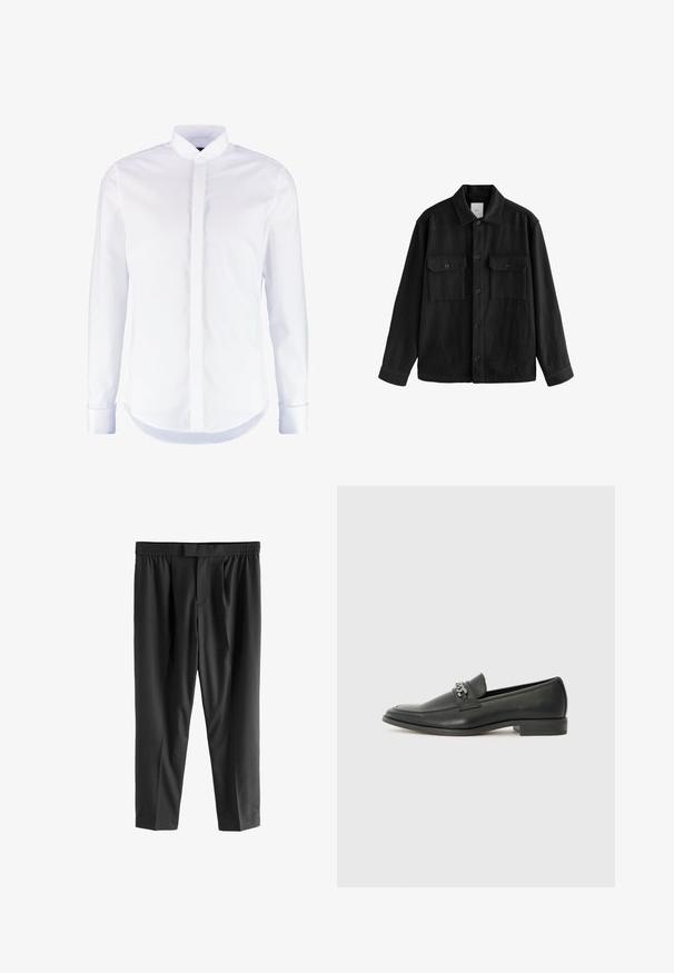 Czarna, oversize koszula wykonana z miękkiego materiału, z długimi rękawami, dwiema kieszeniami na piersi, z przodem zapinanym na guziki oraz klasycznym kołnierzem.; Biała koszula z długim rękawem, z kołnierzykiem na guziki, gładki materiał, prosty krój i bez widocznych wzorów czy ozdób.; Next REGULAR FIT czarny; Czarne skórzane mokasyny o gładkim wykończeniu, z haftowanym wzorem i dekoracyjnym akcentem z metalowego łańcucha na wierzchu. Płaska pięta.