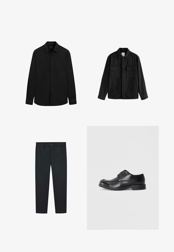 Schwarzes, übergroßes Hemd aus weichem Material, mit langen Ärmeln, zwei Brusttaschen, Knopfverschluss und klassischem Kragen.; Schwarzes Langarmhemd mit Knopfleiste aus glattem Stoff, ausgestattet mit einem klassischen Kragen, vorderer Knopfleiste und taillierter Passform mit geknöpften Ärmeln.; Schwarze Hosen mit geradem Bein Design, aus glattem Stoff gefertigt. Besitzt zwei Fronttaschen und einen Knopfverschluss in der Taille.; Schwarze Leder Schnürschuhe mit runder Zehenpartie, glatter Textur und niedrigem Absatz. Mit steppenden Details entlang der Oberseite und der Seiten.