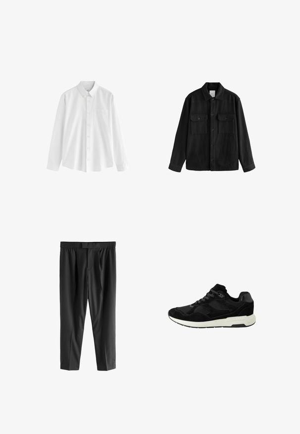 Juodas per didelis marškinis, pagamintas iš minkštos medžiagos, su ilgomis rankovėmis, dviem krūtinės kišeliais, mygtukais priekyje ir klasikiniu apykaklės dizainu.; Balta ilgomis rankovėmis marškiniai, pagaminti iš medvilnės, su mygtukų apykakle, vienu krūtine kišenė, ir laisva forma. Priekyje yra maži mygtukai.; Next REGULAR FIT -CHECK SMART - Chino stiliaus kelnės - black; Juodas sportinis batai, pagaminti iš zomšos ir tinklelio, su apvalia nosimi, raišteliu ir baltu guminio pado, dekoruotu tekstūromis.