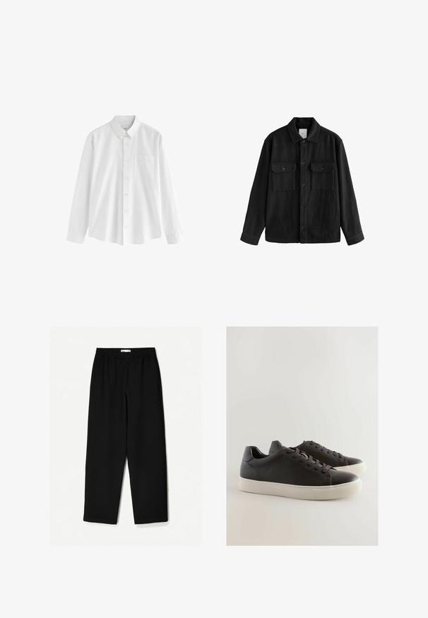 Schwarzes, übergroßes Hemd aus weichem Material, mit langen Ärmeln, zwei Brusttaschen, Knopfverschluss und klassischem Kragen.; Weißes Langarmhemd aus Baumwolle mit einem Button-Down-Kragen, einer einzelnen Brusttasche und einer lockeren Passform. Es hat kleine Knöpfe an der Vorderseite.; Schwarze, weit geschnittene Hose aus leichtem Stoff. Mit elastischem Bund und glatter Textur. Keine sichtbaren Muster oder Beschläge.; Schwarze Ledersneaker mit strukturiertem Finish, Schnürdesign, gummierter Sohle und kontrastierendem weißen Rand, mit dezenten Akzentnähten.