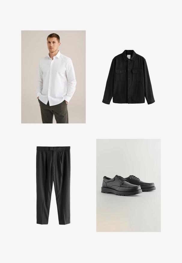 Fekete, túlnyúló ing puha anyagból, hosszú ujjakkal, két mellzsebbel, gombos elülső résszel és klasszikus gallér dizájnnal.; Fehér, klasszikus galléros ing, hosszú ujjakkal és sima textúrával. Sötétzöld nadrággal viselve, kezében a zsebében.; Next REGULAR FIT -CHECK SMART - Vászonnadrágok - black; Fekete bőr cipők textúrált felsőrésszel, kerek orral, fűzős kialakítással és vastag gumitalppal, amely barázdált mintázattal rendelkezik.