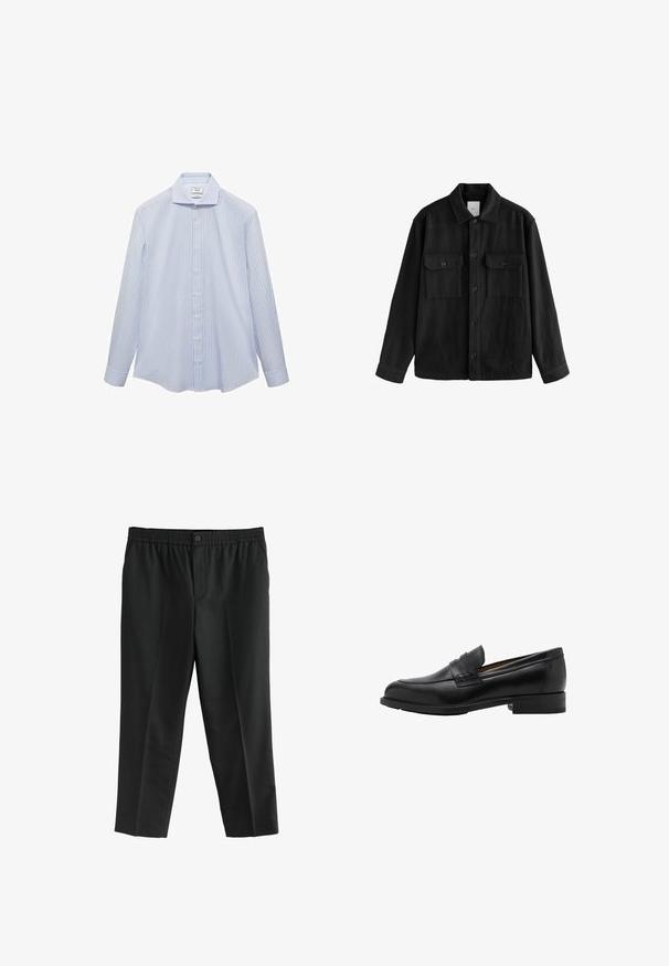 Zwarte oversized shirt gemaakt van zachte stof, met lange mouwen, twee borstzakken, een knoopsluiting aan de voorkant en een klassiek kraagontwerp.; Lichtblauw overhemd met lange mouwen en witte verticale strepen, met een button-down kraag en knopen aan de voorkant. Glad stof met een gestructureerde pasvorm.; Zwarte broek van stof met een elastische tailleband en een enkele knop. Rechte pijpen zonder zichtbare zakken.; Zwarte leren instappers met een gestikte voorkant en een platte hak. Glad van textuur met een ronde neus en een decoratieve band over de wreef.
