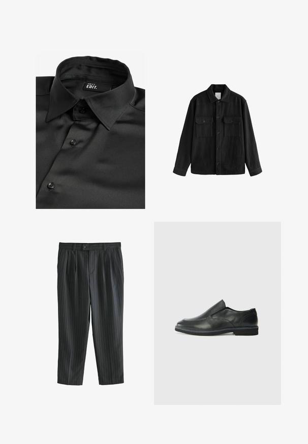 Camicia nera oversize in tessuto morbido, con maniche lunghe, due tasche sul petto, chiusura a bottoni e un classico design del colletto.; Next EDIT LONG SLEEVE- REGULAR FIT - Camicia - black; Pantaloni grigi a righe con fronte plissettato, realizzati in un tessuto morbido, con chiusura a bottone e gambe dritte.; Scarpa nera in pelle con inserto scivolare, superiore liscio, dettagli cuciti, punta arrotondata e tacco in gomma basso. La suola presenta un battistrada minimale.