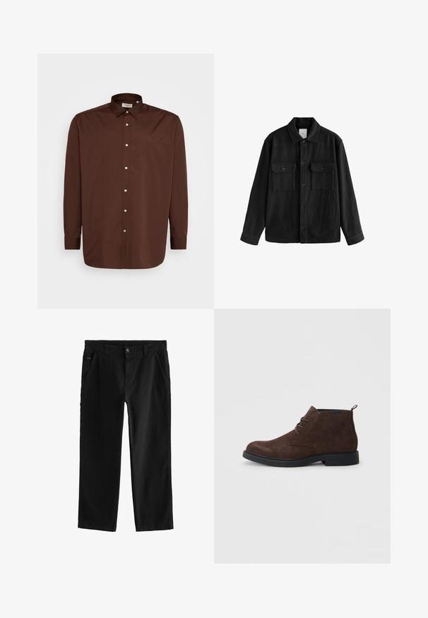 Fekete, túlnyúló ing puha anyagból, hosszú ujjakkal, két mellzsebbel, gombos elülső résszel és klasszikus gallér dizájnnal.; Barna gombos ing, elterülő gallérral, hosszú ujjú és sima anyagú textúrával. Elöl fehér gombokkal díszítve.; Fekete pamut nadrág egyenes szárú dizájnnal, első gombos záródással, ferde oldalsó zsebekkel és diszkrét varrási részletekkel.; Barna velúr boka csizmák lekerekített orral, fűzővel és fekete gumitalppal. A sarkánál kis fület tartalmaz az egyszerű felvételhez.