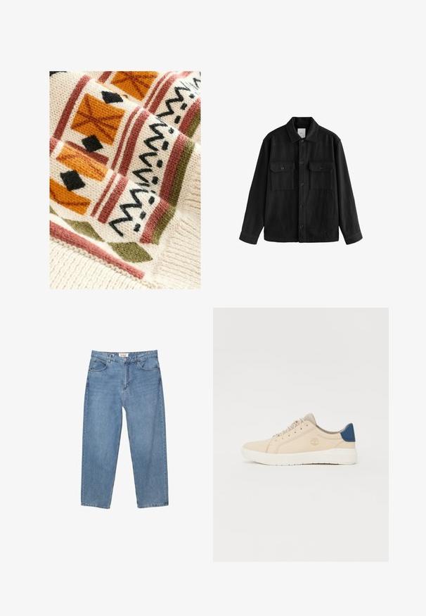 Zwarte oversized shirt gemaakt van zachte stof, met lange mouwen, twee borstzakken, een knoopsluiting aan de voorkant en een klassiek kraagontwerp.; Gehaakte deken met een crèmekleurige basis en geometrische patronen in terracotta, groen en zwart, die textuur biedt door het geweven ontwerp.; Lichtblauwe denim jeans met een rechte pijp, vijf zakken en een zichtbaar merkteken op de tailleband.; Beige sneakers van suede, voorzien van een witte zool, beige veters en een blauwe accent op de hak. Logo ingebosseld aan de zijkant.