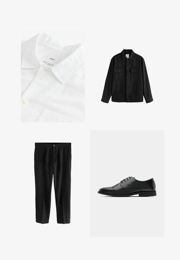 Sort oversized skjorte lavet af blødt stof, med lange ærmer, to brystlommer, knaplukning foran og en klassisk kravedesign.; Hvid linnedskjorte med spids krave, en enkelt knaplukning og en brystlomme. Etiket læser "NEXT," størrelse M. Blød tekstur.; Sorte bukser lavet af letvægtsstof, med et lige ben-design, plisseret front og en enkelt knaplukning i taljen.; Sort læder dress-sko med rund tå, snørebåndsdesign, diskrete syninger og lav hæl. Glat tekstur med poleret finish.