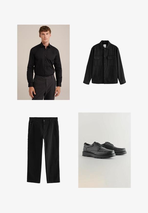 Camisa negra de gran tamaño confeccionada con una tela suave, con mangas largas, dos bolsillos en el pecho, cierre de botones y un diseño de cuello clásico.; Camisa negra de manga larga con cuello abotonado y botones en el frente, fabricada en una tela suave, combinada con pantalones oscuros de patrones.; Pantalones de algodón negros con un diseño de pierna recta, con cierre frontal de botón, bolsillos laterales en ángulo y detalles de costura sutiles.; Zapatos de cuero negro con texturizado en la parte superior, punta redonda, diseño con cordones y suelas de goma gruesa con un patrón de relieve.