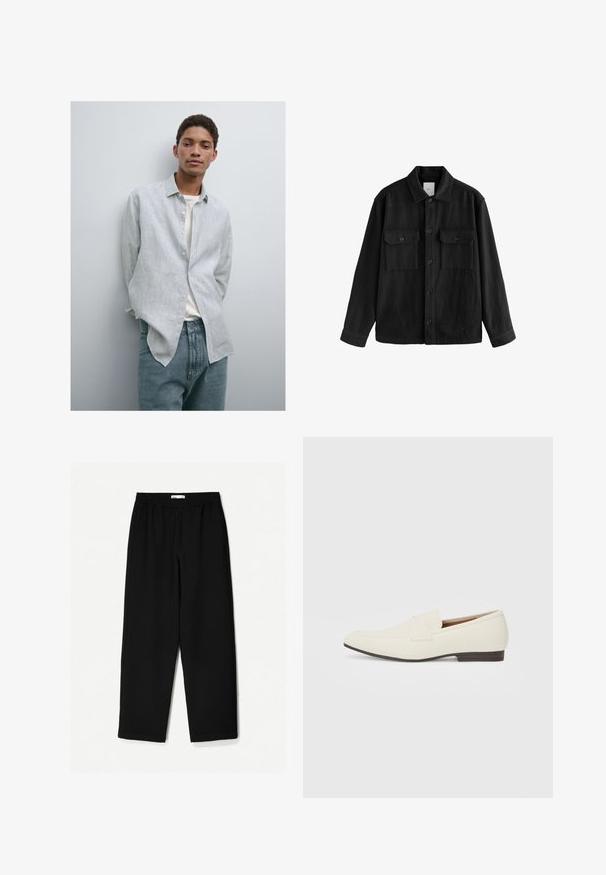Černá oversized košile vyrobená z měkké látky, s dlouhými rukávy, dvěma náprsními kapsami, předním zapínáním na knoflíky a klasickým límcem.; Světle modrá a bílá pruhovaná košile s límečkem, v kombinaci se světle modrými džíny. Hladká látka, volný střih a dlouhé rukávy.; Černé kalhoty s širokými nohavicemi vyrobené z lehkého materiálu. Mají elastický pas a hladkou texturu. Bez viditelných vzorů nebo kovových detailů.; Světlé béžové mokasíny s špičatou špičkou, hladkým materiálem, páskem přes nárt a nízkou hnědou podrážkou. Jednoduchý design s minimálními akcenty.